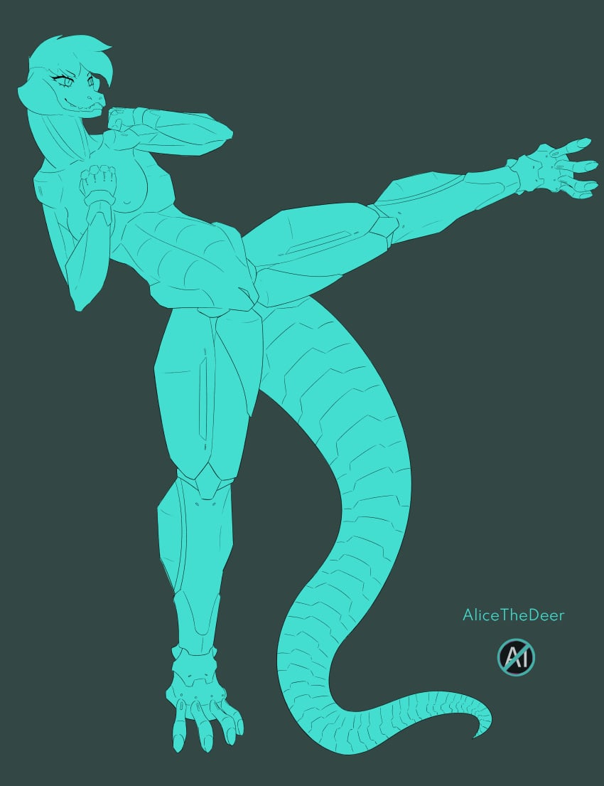 absurd_res alicethedeer anthro blue_body breasts cyber_(disambiguation) cybernetic_limb cybernetics cyberpunk digital_media_(artwork) dinosaur female fighting_pose genitals hi_res machine nipples nude pinup pose pussy reptile scalie simple_background smile solo solo_focus tail thick_tail thick_thighs