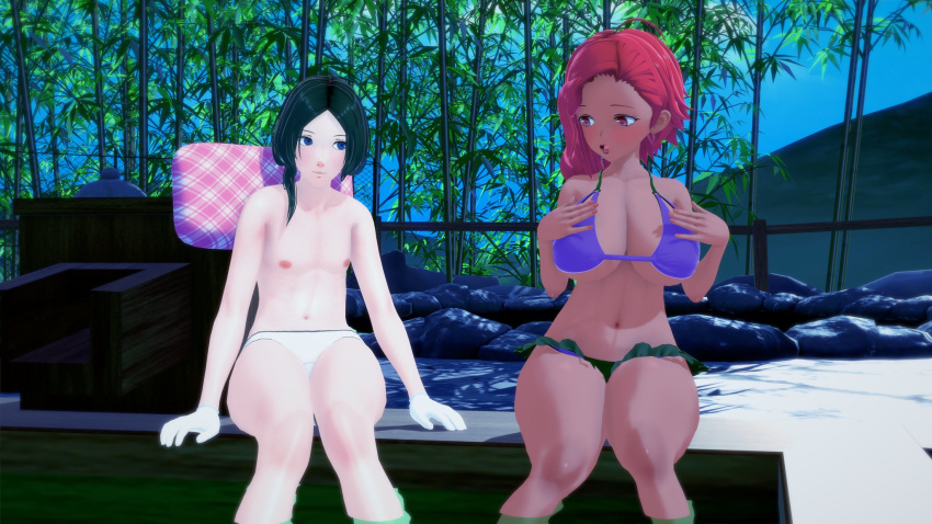 1boy 1girls 3d bikini breasts cleavage dark-skinned_female dark_skin female fire_emblem fire_emblem:_three_houses green_bikini green_swimsuit hapi_(fire_emblem) large_breasts linhardt_von_hevring male nintendo norina outdoors purple_bikini purple_swimsuit red_eyes red_hair swimsuit underboob