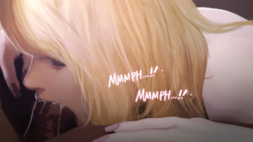 1boy 1boy1girl 1girls blonde_hair blowjob cum cum_in_mouth cum_inside dark-skinned_male dark_skin deepthroat english_text eyelashes fellatio female firolian kemonomimi light-skinned_female light_skin long_hair makeup male moaning nail_polish oral oral_sex straight text