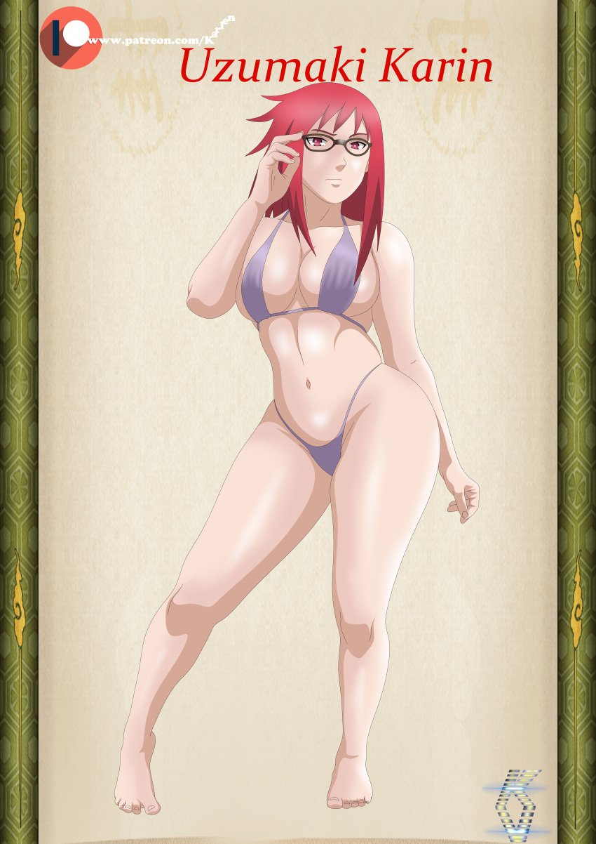 adjusting_eyewear adjusting_glasses bikini breasts character_name cleavage eyewear full_body glasses karlen_vardanyan long_hair matching_hair/eyes megane naruto naruto_(series) naruto_shippuden red_eyes red_hair skimpy skimpy_bikini swimsuit uzumaki_karin wide_hips