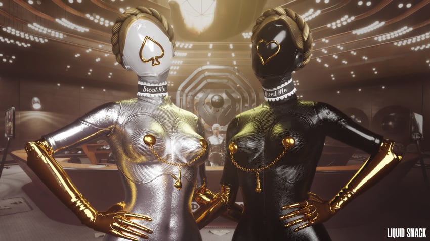 2girls 3d atomic_heart choker female female_only glossy liquidsnack nipple_chain nipple_piercing qos queen_of_hearts queen_of_spades robot robot_girl robot_humanoid solidsnack the_twins_(atomic_heart)