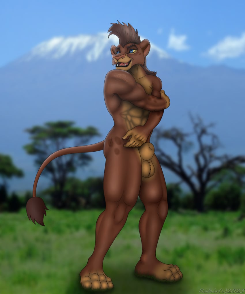 animal_genitalia anthro baliyo balls digital_media_(artwork) disney domestic_cat felid feline felis furry genitals hi_res invalid_tag jacked lion male mammal mohawk muscular nsfw nude pantherine savanna sheath shirtless shredded the_lion_guard the_lion_king