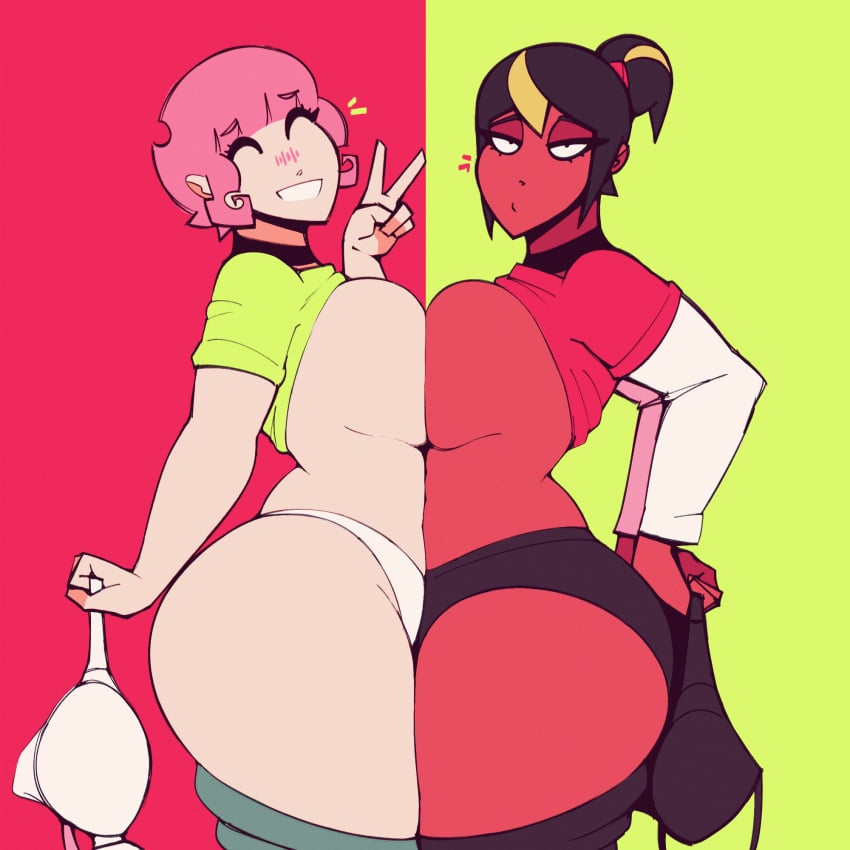 2girls animated ass big_ass bottom_heavy bra bra_removed breast_press breasts bubble_butt cdlum fat_ass female female_only huge_ass large_ass looking_at_viewer maple_(cdlum) multiple_girls original panties pants pants_down pear_(cdlum) pink_hair shirt shirt_up side_view sideboob thick_ass thick_thighs thong undressing v_sign wide_hips