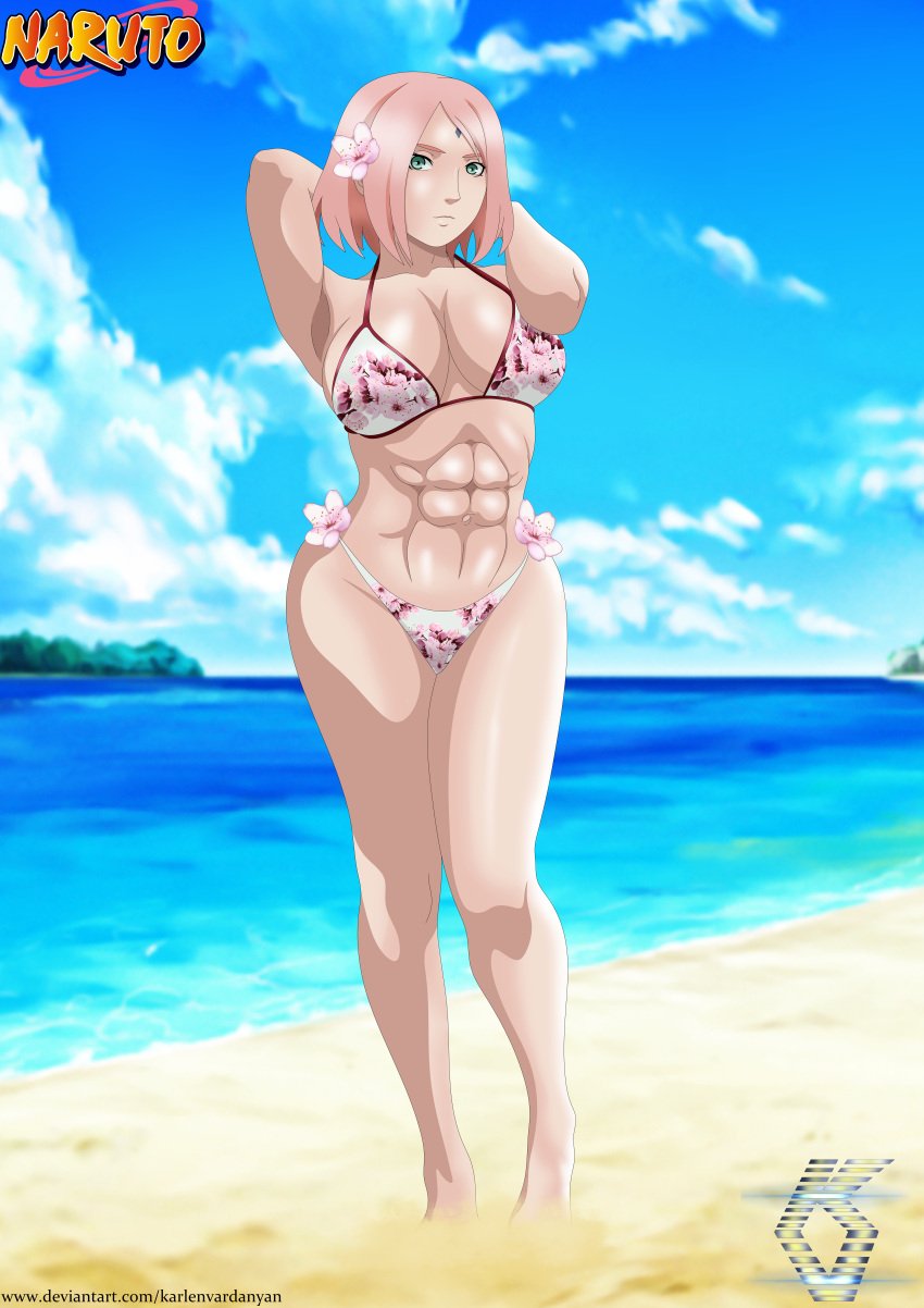 1girls abs arms_behind_head bare_legs bare_shoulders bikini bob_cut boruto:_naruto_next_generations breasts cleavage facial_mark female female_only floral_print forehead_mark green_eyes karlen_vardanyan looking_at_viewer mature mature_female midriff milf muscular muscular_female naruto naruto_(series) ocean outdoors parted_bangs pink_hair sakura_haruno sand sea seaside solo solo_focus standing swimsuit toned water wide_hips