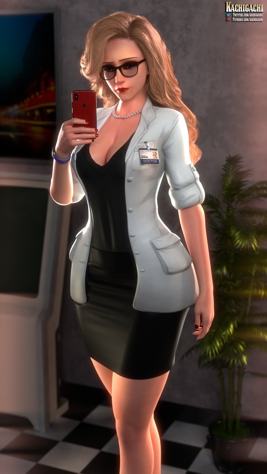 1girls 3d angela_ziegler ass big_ass big_breasts blizzard_entertainment blonde_hair blue_eyes breasts cellphone cleavage doctor dr._ziegler exposed_ass exposed_breasts exposed_nipples eye_chart glasses id_card kachigachi labcoat long_hair looking_at_viewer mercy overwatch selfie skirt thick_thighs wide_hips