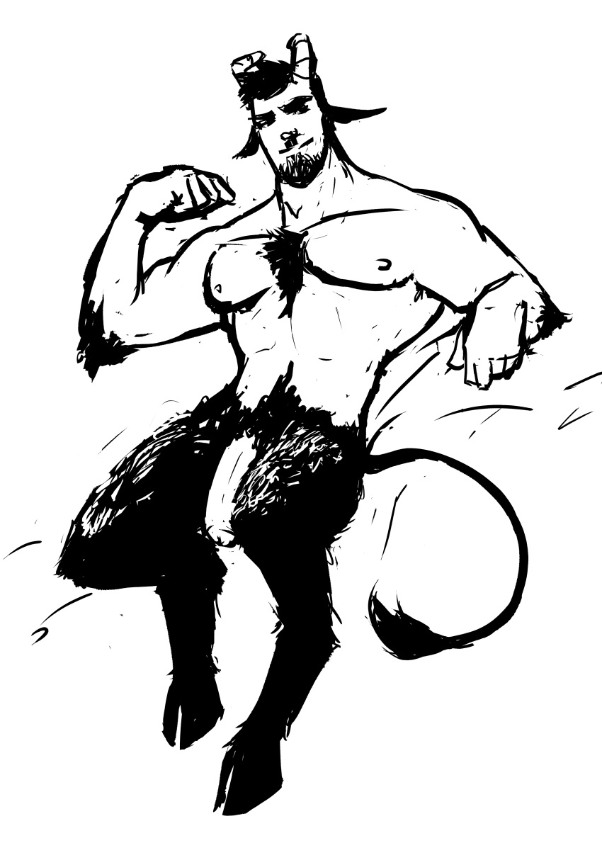 1boy 2023 anthro flaccid hooves horns horns_and_hooves james_the_satyr looking_at_viewer male_focus male_only monochrome satyr solo solo_male tagme urban_satyr