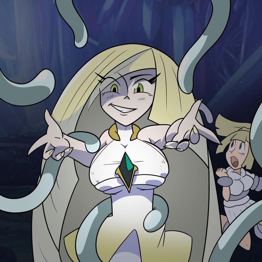 2girls arms_held_up big_breasts blonde_hair bondage daughter eyelashes green_eyes green_gem grin hoodie lillie_(pokemon) long_hair lusamine_(pokemon) mother mother_and_daughter nihilego nipple_bulge pokemon pokemon_sm ponytail short_skirt skidmarc25 sleeveless_dress tear tentacle tentacle_grab very_long_hair white_dress yellow_nails