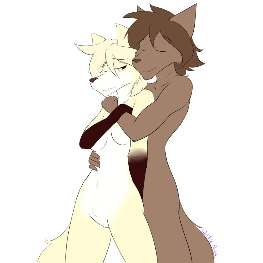 anthro breasts brown_body brown_fur brown_hair canid canine canis closed_eyes clovis_(twokinds) duo embrace female fur genitals gloves_(marking) hair hi_res hug hybrid keidran male male/female mammal markings pussy red_eyes rule_63 tan_body tan_fur twokinds webcomic white_body white_fur wolf wolfie-pawz zen_(twokinds)