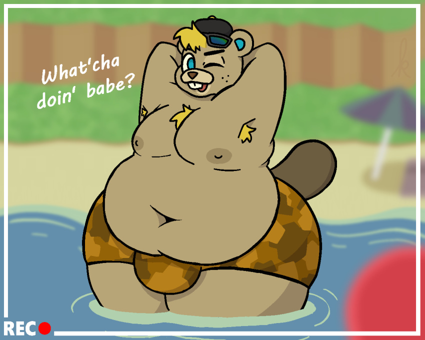 2022 5:4 animal_crossing anthro armpit_hair beaver bigtimekudo body_hair buckteeth bulge c.j._(animal_crossing) clothed clothing digital_media_(artwork) eyewear fur hair hat headgear headwear looking_at_viewer male male_focus mammal moobs navel nintendo nipples obese one_eye_closed open_mouth overweight overweight_anthro overweight_male rodent shaded signature simple_background smile solo sunglasses teeth text topless wide_hips wink