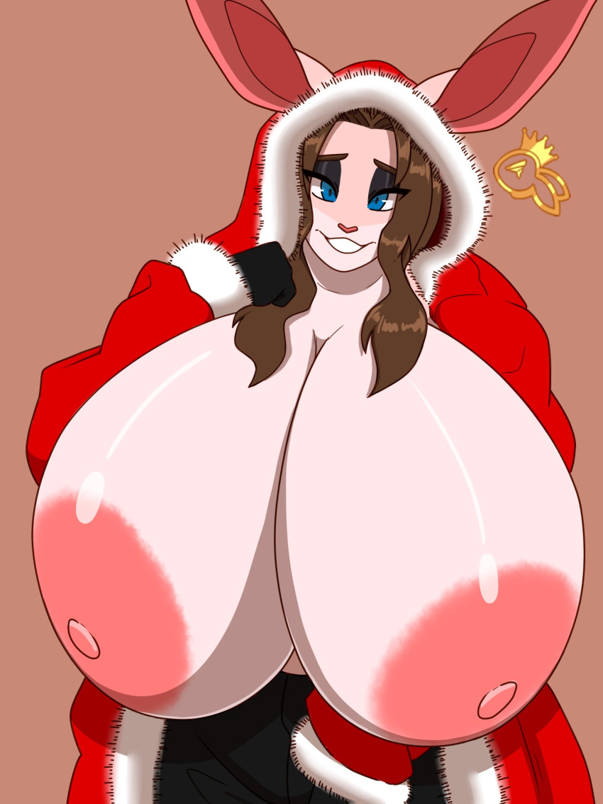 anthro big_breasts big_ears blue_eyes breasts brown_hair buckteeth christmas christmas_clothing clothed clothing female gloves hair handwear hi_res holidays huge_breasts jasmine_boingston lagomorph leporid mammal nipples pink_body pink_nipples rabbit simple_background solo teeth zeromccall