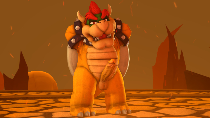 3d_(artwork) anthro anthro_only azphyr balls bowser collar digital_media_(artwork) erection genitals hand_on_head hi_res horn koopa looking_at_viewer male male_only mario_(series) nintendo nude penis scalie solo source_filmmaker spikes