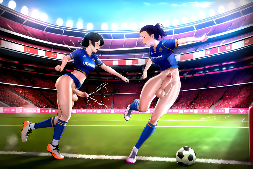 2futas adidas ai_generated arena ball balls blue_clothing blue_eyes blue_sky clenched_hand closed_eyes cum cum_string cumming cumming_together cumshot cumstring dark_hair day daytime dickgirl dickgirl/dickgirl dickgirl_only duo ejaculation erection exhibitionism football football_(ball) football_uniform futa_only futa_with_futa futanari grass hands-free handsfree_ejaculation human in_public intersex kneesocks light-skinned_futanari looking_at_another navel open_mouth orgasm outdoors partially_clothed partially_undressed penis penis_out running short_hair soccer soccer_field soccer_shoes soccer_uniform spontaneous_ejaculation spontaneous_orgasm sports_uniform sportswear stable_diffusion testicles