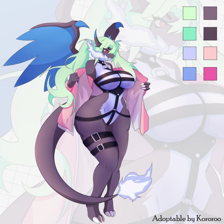 2d anthro bdsm_gear breasts charizard collar detailed_background dragon dragon_girl female female_focus female_only green_hair horns large_breasts mega_charizard mega_charizard_x mega_evolution nintendo pokémon_(species) pokemon pokemon_(species) spiked_collar tail text wings