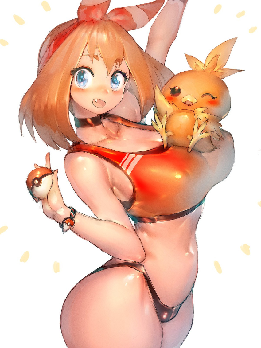 1girls 2023 arms_up bare_shoulders big_breasts blue_eyes blush breasts brown_hair choker cleavage clothed clothing female female_only fumio_(rsqkr) game_freak hair_ornament holding_object holding_pokeball looking_at_viewer may_(pokemon) may_(pokemon_oras) navel nintendo nipple_bulge open_mouth pokeball pokemon pokemon_(species) pokemon_oras solo solo_female standing torchic white_background wide_hips wink winking_at_viewer