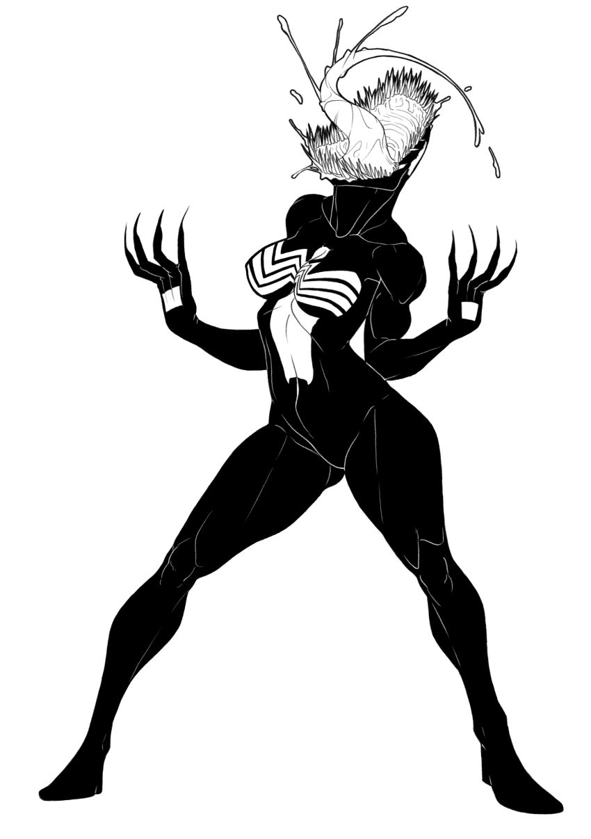 1girls ass black_and_white breasts female female_only ferolepo gwen_stacy gwenom hypnosis identity_death marvel mid-transformation mind_control monochrome possession she-venom solo symbiote takeover thighs transformation venom venom_(marvel)