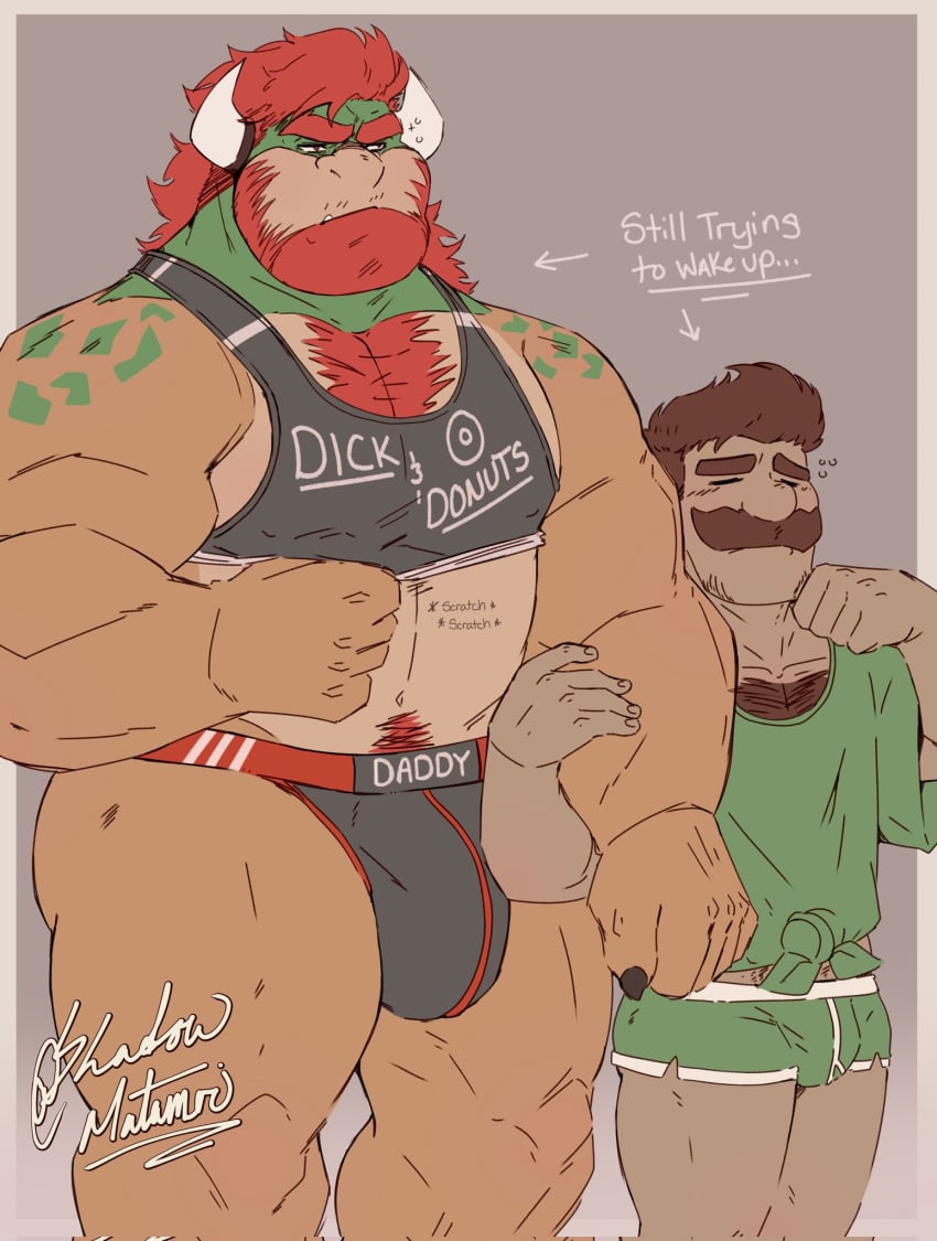 2023 2boys anthro bara beard biceps big_bulge big_muscles body_hair border bottomwear bowser bowuigi bulge bulge_size_difference chest_hair claws closed_eyes clothed clothing cute daddy directional_arrow duo embrace english_text eyebrows facial_hair frown furry gay grey_background grey_border hair happy_trail hi_res horn hotpants hug huge_bulge huge_muscles huge_thighs human human_on_anthro interspecies koopa larger_anthro luigi male male/male male_only mammal mario_(series) moustache muscular muscular_anthro muscular_male narrowed_eyes navel nintendo pecs pubes raised_clothing raised_shirt raised_tank_top raised_topwear scalie shadowmatamori shirt shorts signature simple_background size_difference smaller_human standing tank_top text text_on_clothing text_on_shirt text_on_tank_top text_on_thong text_on_topwear thick_thighs thong tired topwear underwear up url waking