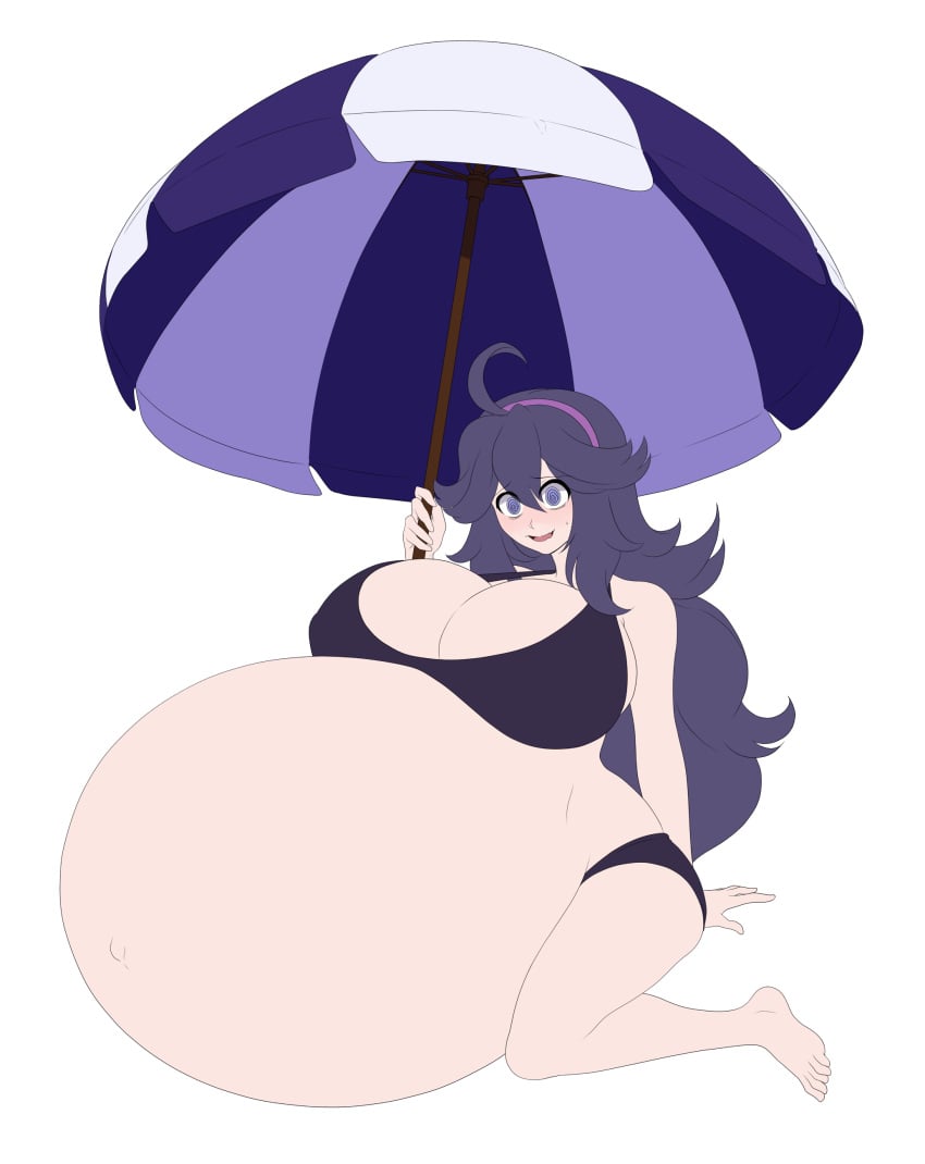 bikini blush hex_maniac huge_belly huge_breasts hyper_pregnancy looking_at_viewer messy_hair parasol pokemon pregnant saburox solo tagme