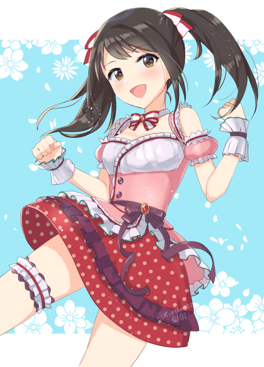 artist_request bare_shoulders black_hair blush flower frills highres idolmaster idolmaster_cinderella_girls looking_at_viewer nakano_yuka open_mouth ribbon skirt smile tagme thigh_strap twintails