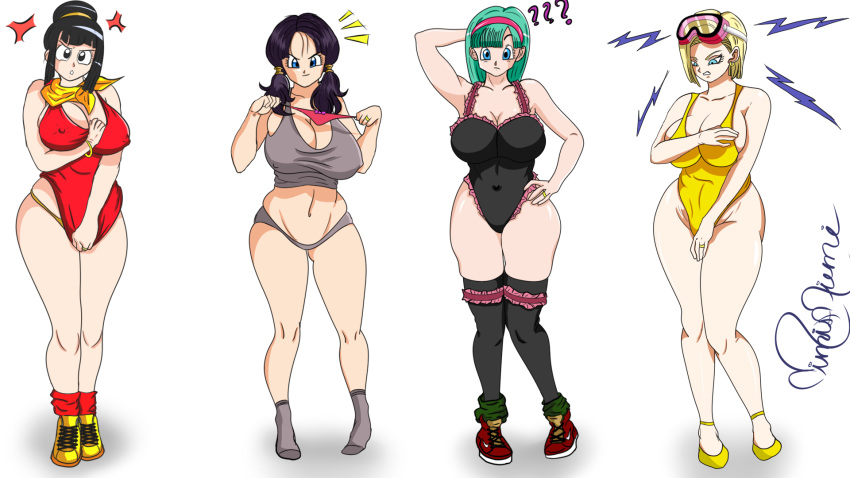 16:9 4girls agitated android_18 annoyed artist_request big_breasts black_hair black_stockings blonde_hair blue_eyes blue_hair breasts bulma_briefs chichi confused dragon_ball dragon_ball_z female female_only grey_panties grey_shirt grey_socks hourglass_figure huge_breasts large_breasts maron milf multiple_girls nipples_visible_through_clothing one_piece_suit one_piece_swimsuit pink_goggles pink_headband red_dress red_shoes short_hair smug swimsuit thick_thighs thigh_gap videl wedding_ring yellow_high_heels yellow_panties yellow_scarf yellow_shoes