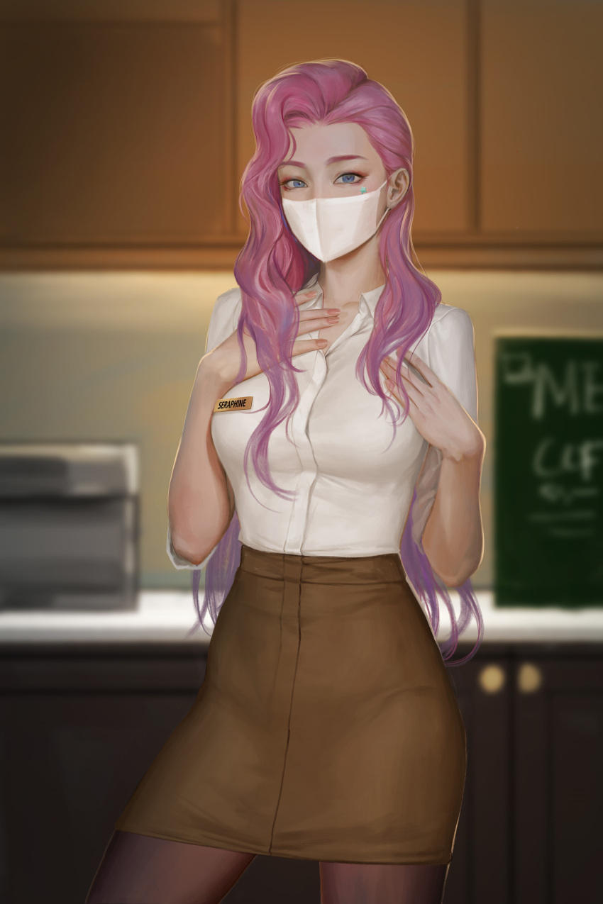 1girls absurd_res blue_eyes clothed clothing female female_only firolian fully_clothed hands_on_breasts highres league_of_legends light-skinned_female light_skin looking_at_viewer mask masked_female nail_polish name_tag pantyhose pink_hair riot_games seraphine_(league_of_legends) shirt skirt smile smiling solo solo_female standing star