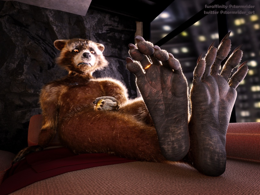 3d_(artwork) 5_toes absurd_res anthro blender_(software) chastity_cage chastity_device claws digit_ring digital_media_(artwork) feet foot_fetish foot_focus frustrated frustration guardians_of_the_galaxy hi_res hindpaw jewelry male mammal marvel paws procyonid raccoon ring rocket_raccoon soles solo stormrider toe_ring toes