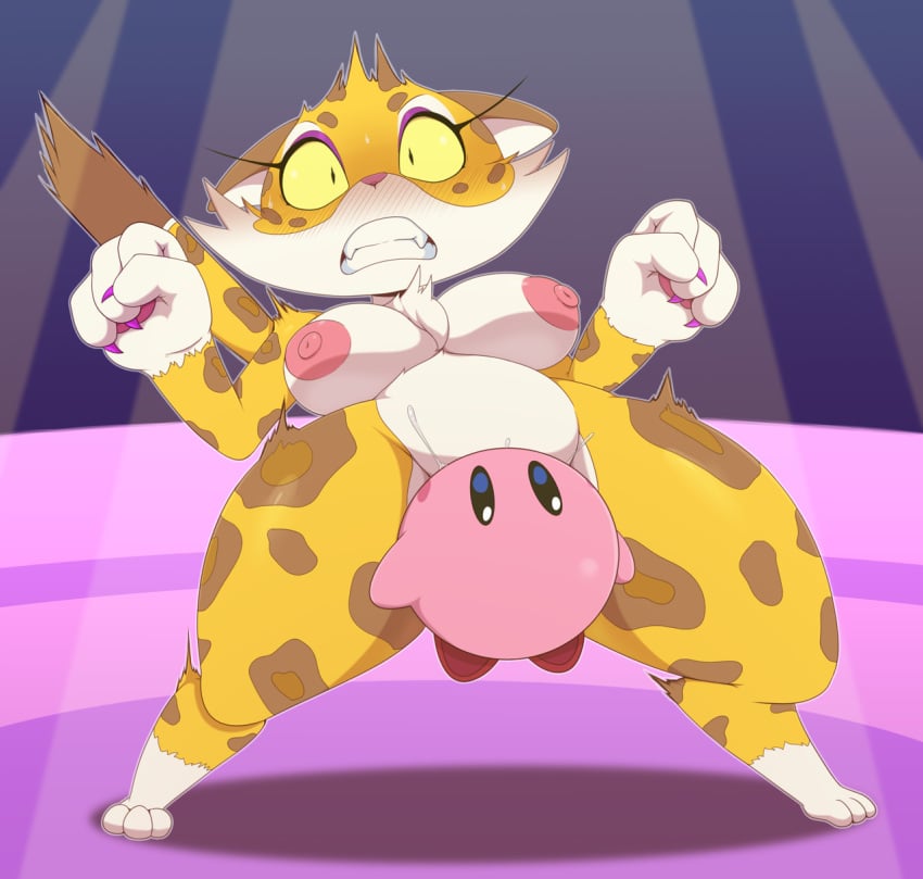 anthro areola big_breasts bigdon1992 blush breasts chest_tuft clawroline clenched_teeth cunnilingus dipstick_tail duo felid female gloves_(marking) hi_res huge_thighs kirby kirby_(series) kirby_and_the_forgotten_land leg_markings leopard male male/female mammal markings multicolored_body nintendo nipples nude oral pantherine pink_areola pink_body pink_nipples sex socks_(marking) spots spotted_body tail tail_markings teeth thick_thighs tuft vaginal_penetration waddling_head wide_eyed yellow_sclera