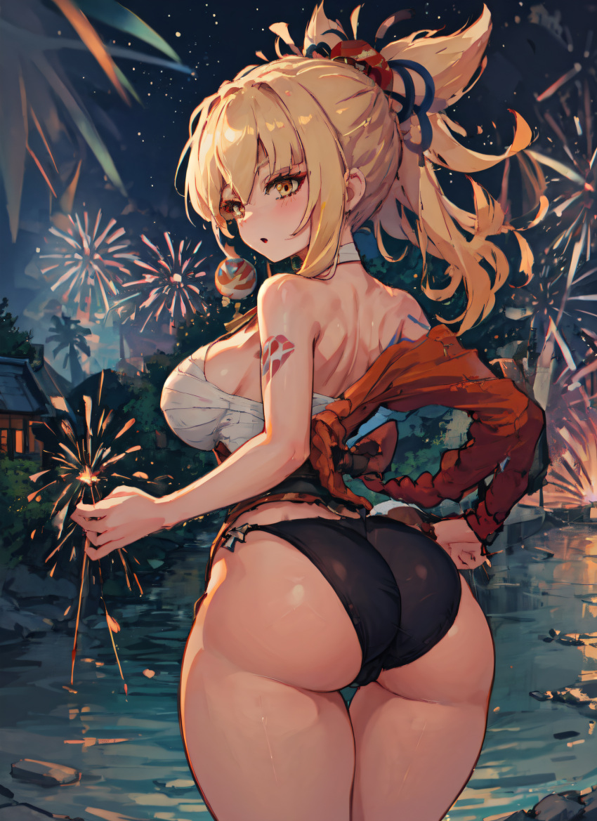 1girls ai_generated ass ass_focus backboob bandage bandages bare_shoulders big_ass big_breasts blonde_hair choker cleavage collar fireworks from_behind genshin_impact hair_ornament haori hi_res kimono large_ass large_breasts looking_back mabi_ai panties sideboob tattoo thick_thighs thigh_gap thong yellow_eyes yoimiya_(genshin_impact)