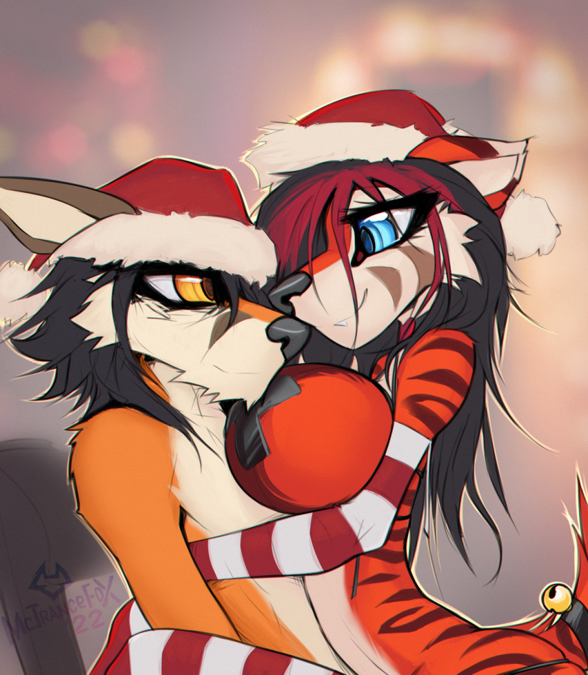 1boy 1girls amber_eyes anthro black_hair blue_eyes christmas fur furry gloves long_hair mcard orange_body orange_fur short_hair tagme two_tone_hair