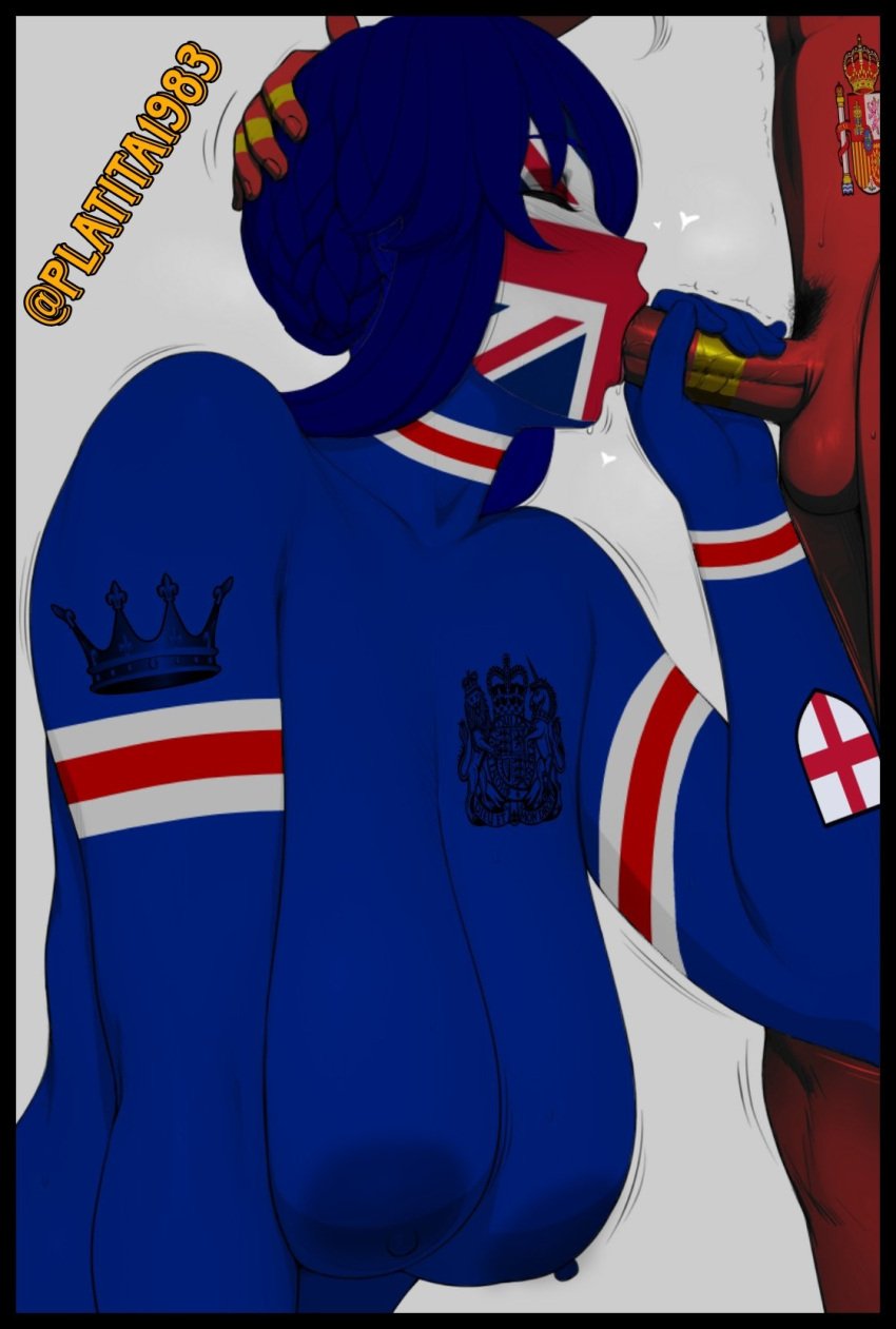 1boy 1girls ai_generated big_breasts blue_body breasts countryhumans countryhumans_girl gray_background red_body spain spain_(countryhumans) spanish_flag sucking sucking_penis united_kingdom united_kingdom_(countryhumans)