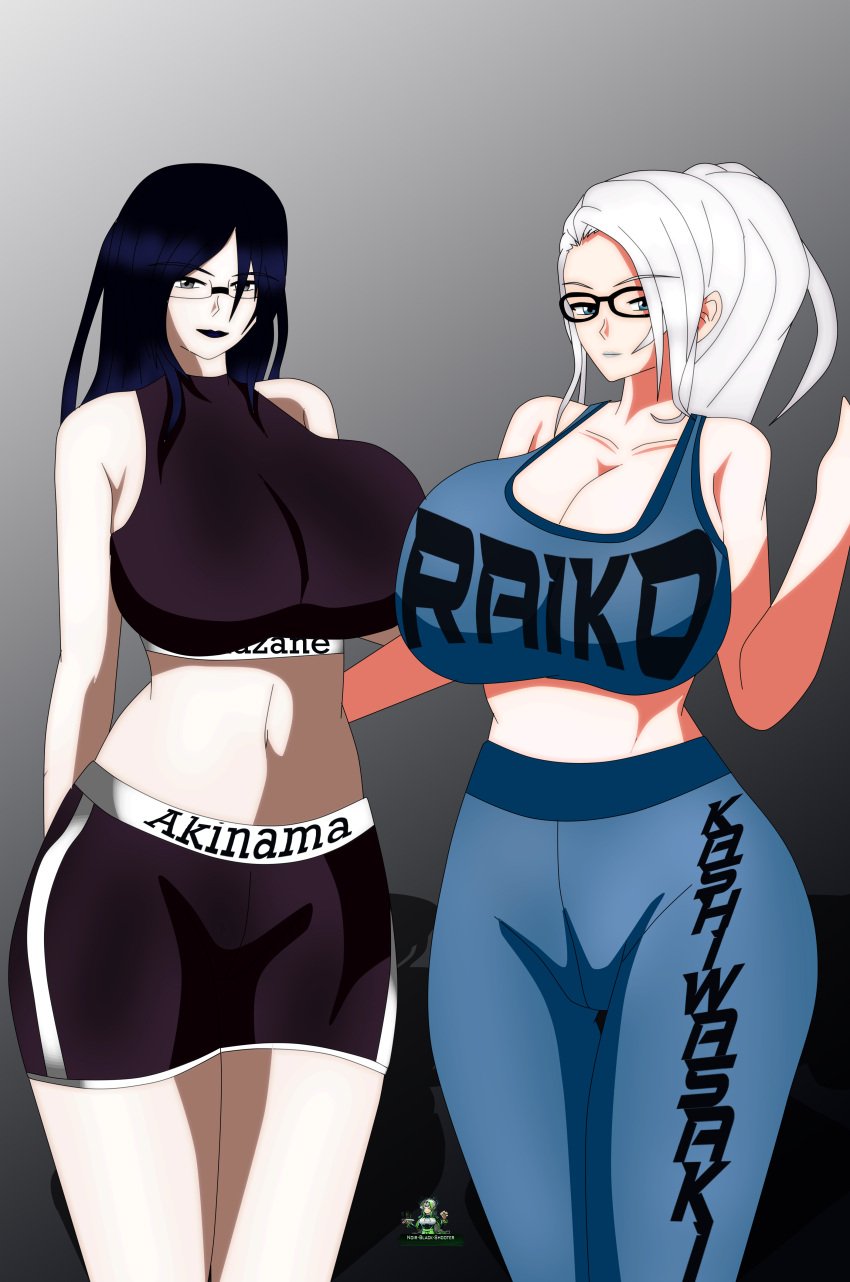 2girls akinama_family_(noir-black-shooter) dark_blue_hair gilf glasses kazane_akinama_(noir-black-shooter) milf noir-black-shooter oc original original_character original_characters raiko_kashiwasaki_(noir-black-shooter) silver_hair sports_bra sportswear yoga_pants