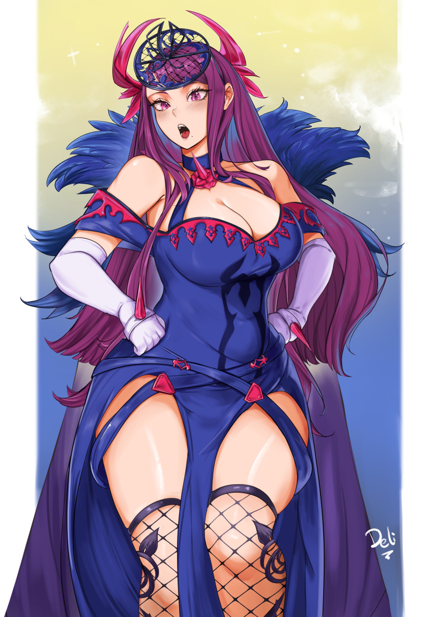 1girls absurdres bare_shoulders bare_thighs blue_choker blue_dress blush breasts choker cleavage delicious_brain deliciousbra dress elbow_gloves fascinator feet_out_of_frame female female_only fire_emblem fire_emblem_engage fishnet_thighhighs fishnets gloves hands_on_hips highres ivy_(fire_emblem) large_breasts long_hair looking_at_viewer mole mole_under_mouth nintendo off-shoulder_dress off_shoulder open_mouth pelvic_curtain purple_eyes purple_hair short_sleeves solo standing thighhighs thighs very_long_hair white_gloves