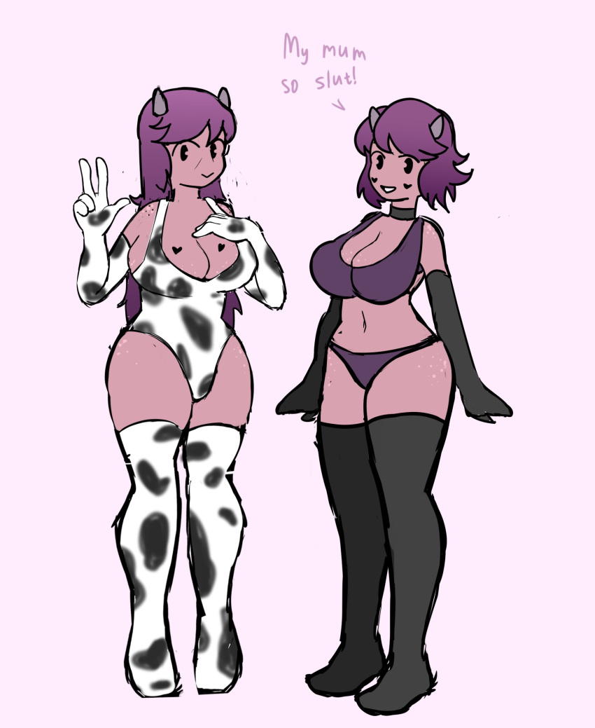 big_breasts cow_girl cow_horns cow_print mother_and_daughter purple_skin sketch turch