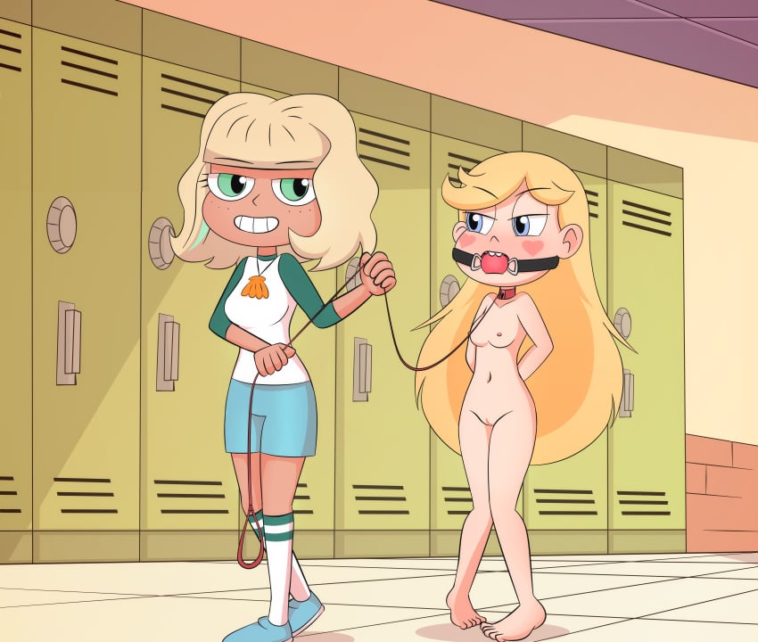 2girls aleuz91 angry ball_gag blonde_female blonde_hair blonde_hair_female blush bondage breasts clothed clothed_female clothed_female_nude_female collar disney disney_channel edit edited exhibitionism f/f female female/female female_focus female_only freckles glaring green_eyes hands_behind_back jackie_lynn_thomas leash leash_and_collar leash_pull light_hair lockers long_hair long_sleeves multiple_girls naked naked_female necklace nipples nude nude_female platinum_blonde_hair public red_ball_gag red_face school shoes short_hair shorts small_breasts smile socks socks_and_shoes star_butterfly star_vs_the_forces_of_evil submissive_female tan_skin teeth teeth_showing teeth_visible toes visible_pussy