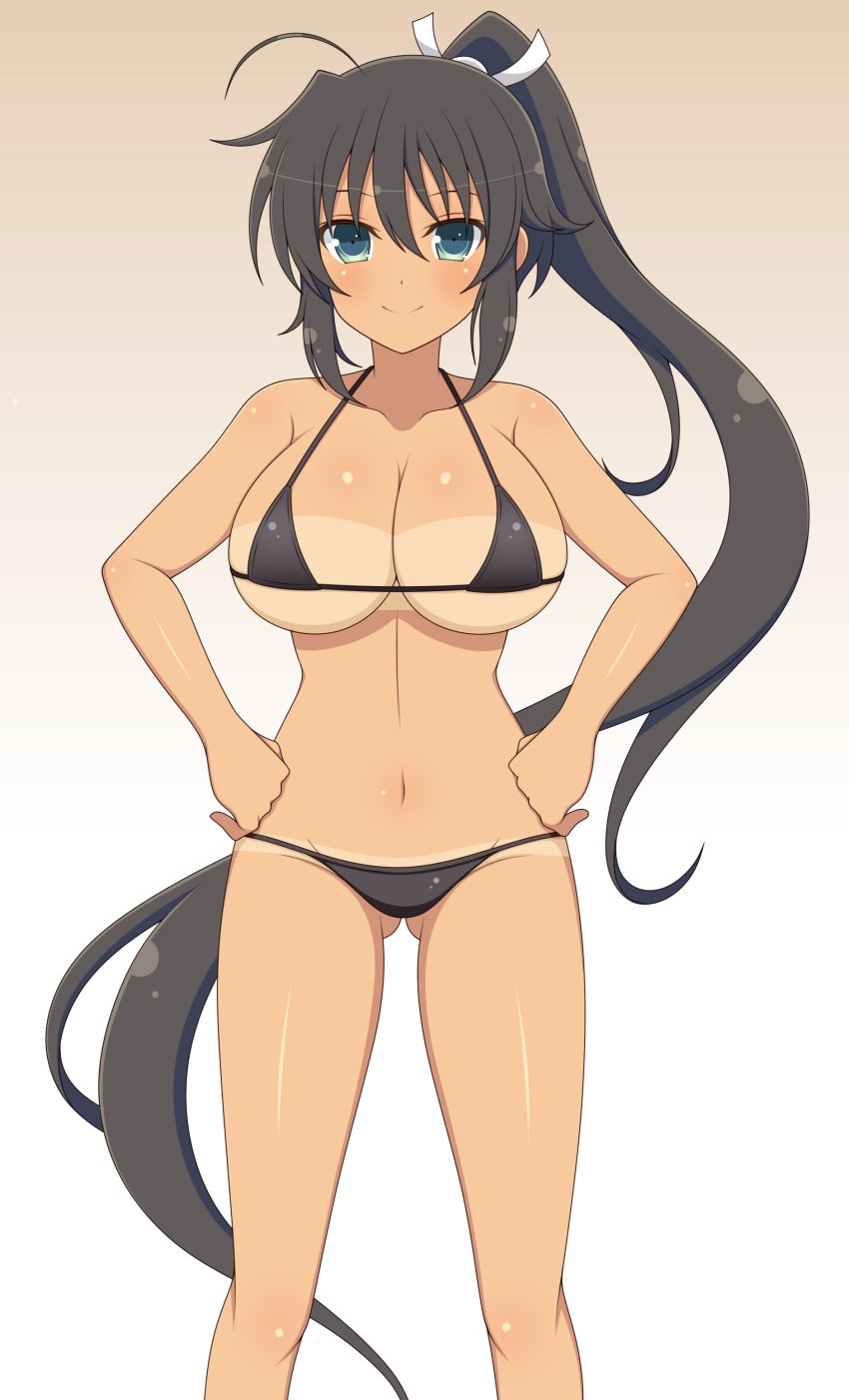 1girls ass_visible_through_thighs bangs bikini black_hair bronze_skin_color cleavage female front_view gradient_background hair_between_eyes hair_ornament high_ponytail homura_(senran_kagura) huge_breasts ichiryuu_tsumiki light-skinned_female light_skin looking_at_viewer micro_bikini midriff navel ponytail senran_kagura sidelocks simple_background solo standing tanline tanned very_long_hair