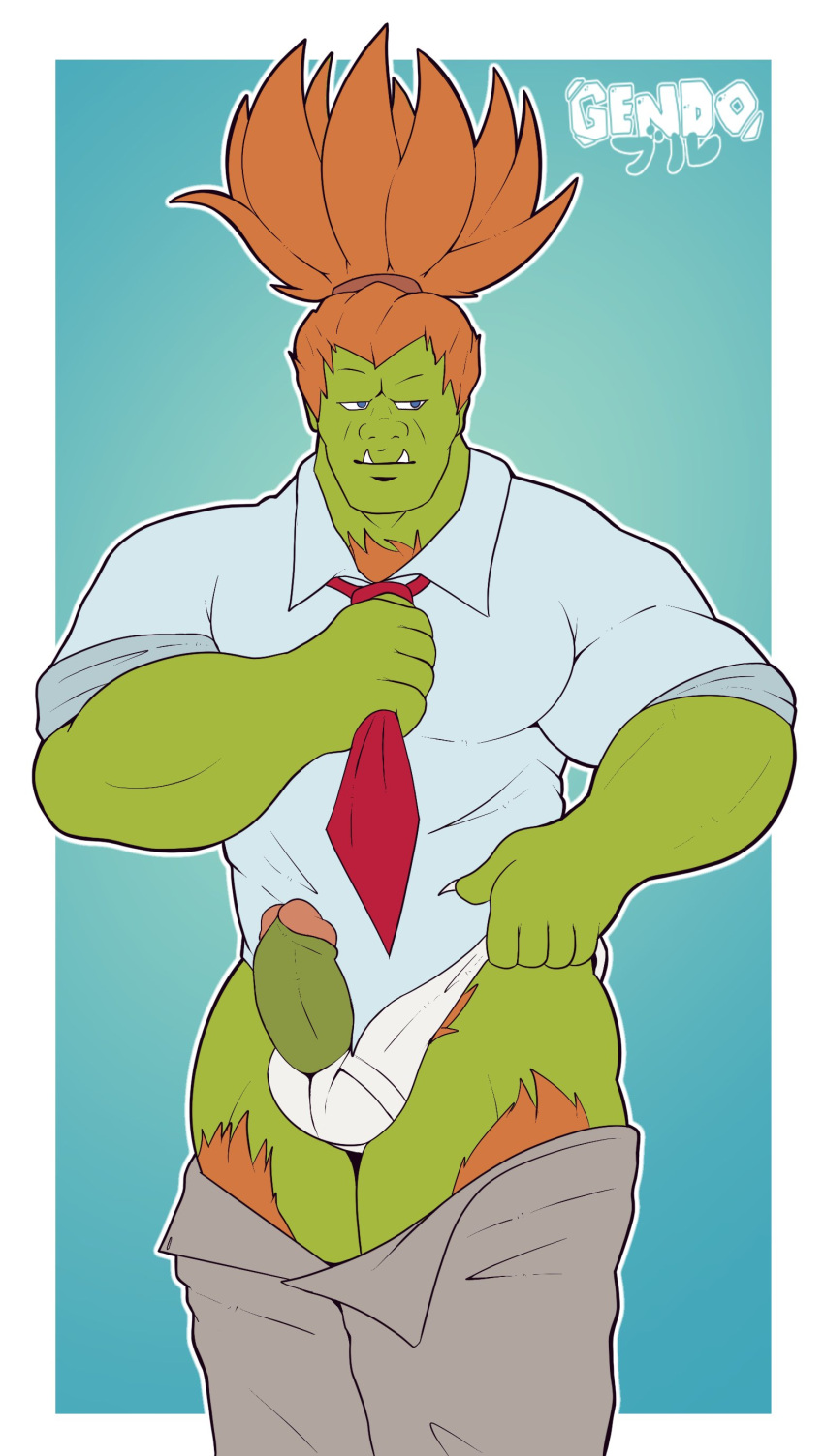 balls bara blanka boner capcom erection gendomx green_skin male male_only muscles muscular necktie orange_hair pants_down penis penis_out shirt solo solo_male street_fighter underwear undressing