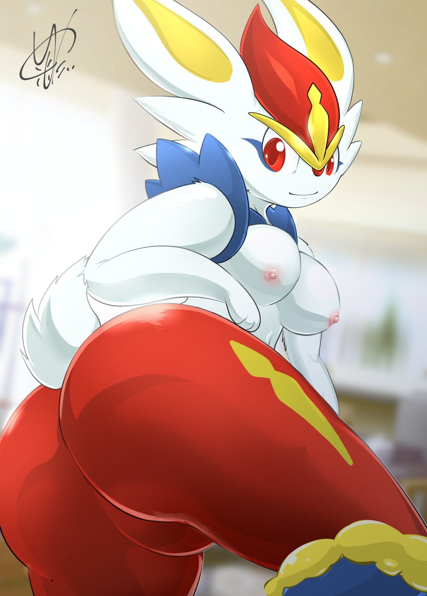 anthro anthro_only areola ass big_ass big_breasts blush breasts bug_butt cinderace closed_eyes cute cute_face female female_only fur generation_8_pokemon hi_res kictyan mammal nintendo nipples open_mouth pink_areola pink_nipples pokemon pokemon_(species) solo solo_female stretching tail white_body white_fur white_tail