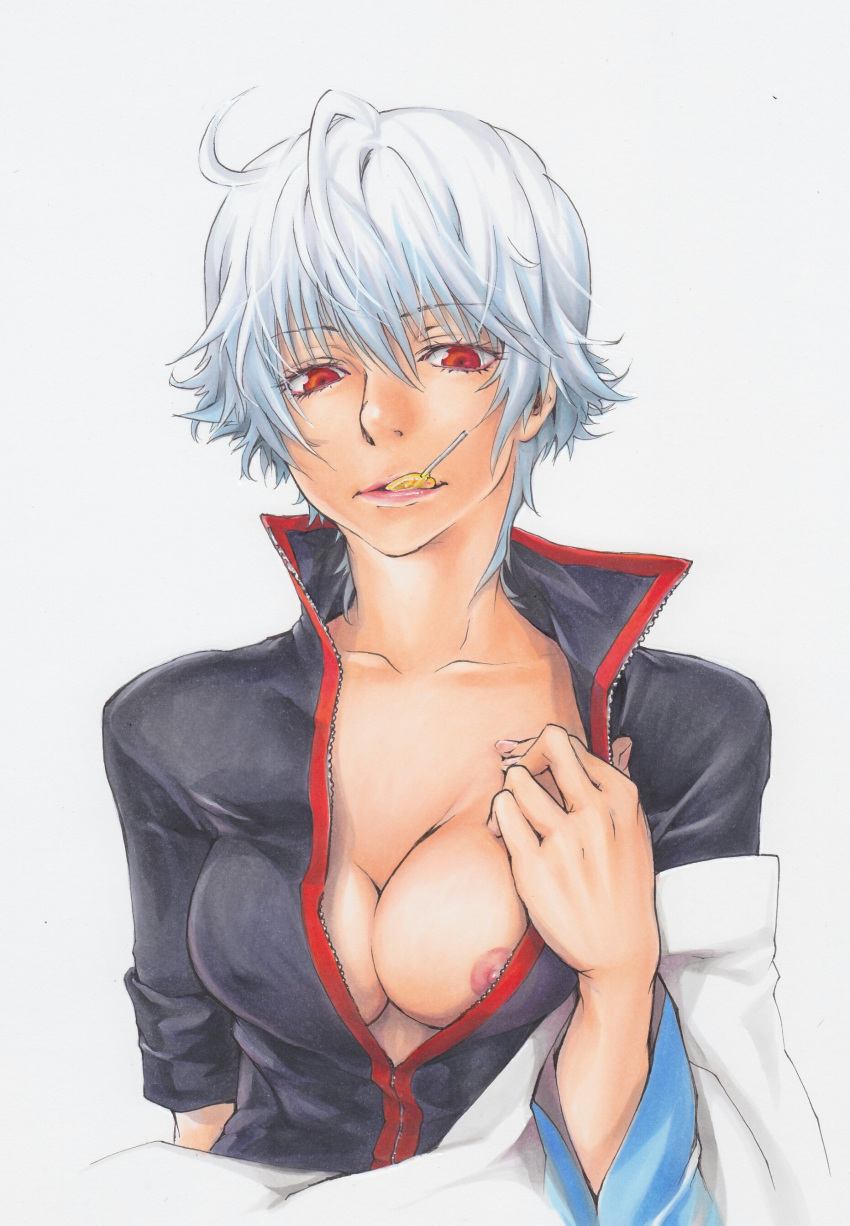 candy canon_genderswap cleavage female female_only flashing flashing_breasts food genderswap_(mtf) ginko_sakata gintama gintoki_sakata lollipop medium_breasts nipple_slip no_bra one_breast_out open_shirt popped_collar red_eyes rukashio rule_63 short_hair solo tomboy traditional_media_(artwork) unzipped upper_body very_short_hair white_hair