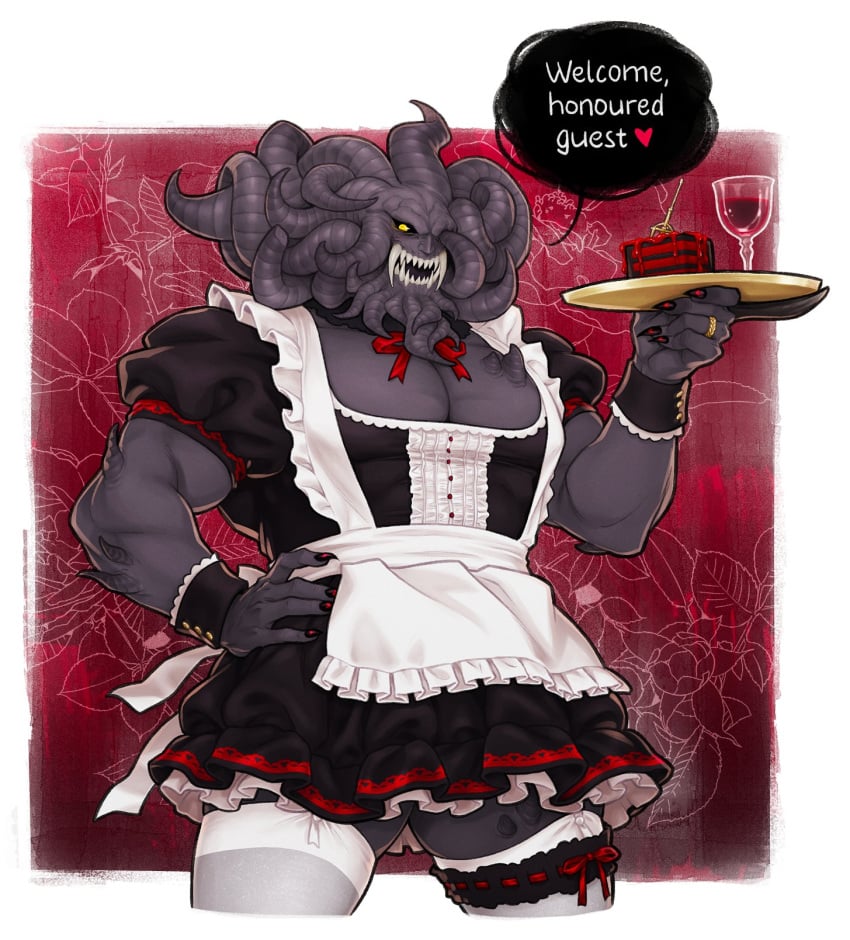 big_breasts big_pecs boob_window breasts elden_ring femboy_dilf fromsoftware himbo maid maid_uniform male mohg_lord_of_blood nightmare_husbando slutty_clothing slutty_outfit theslowesthnery wine