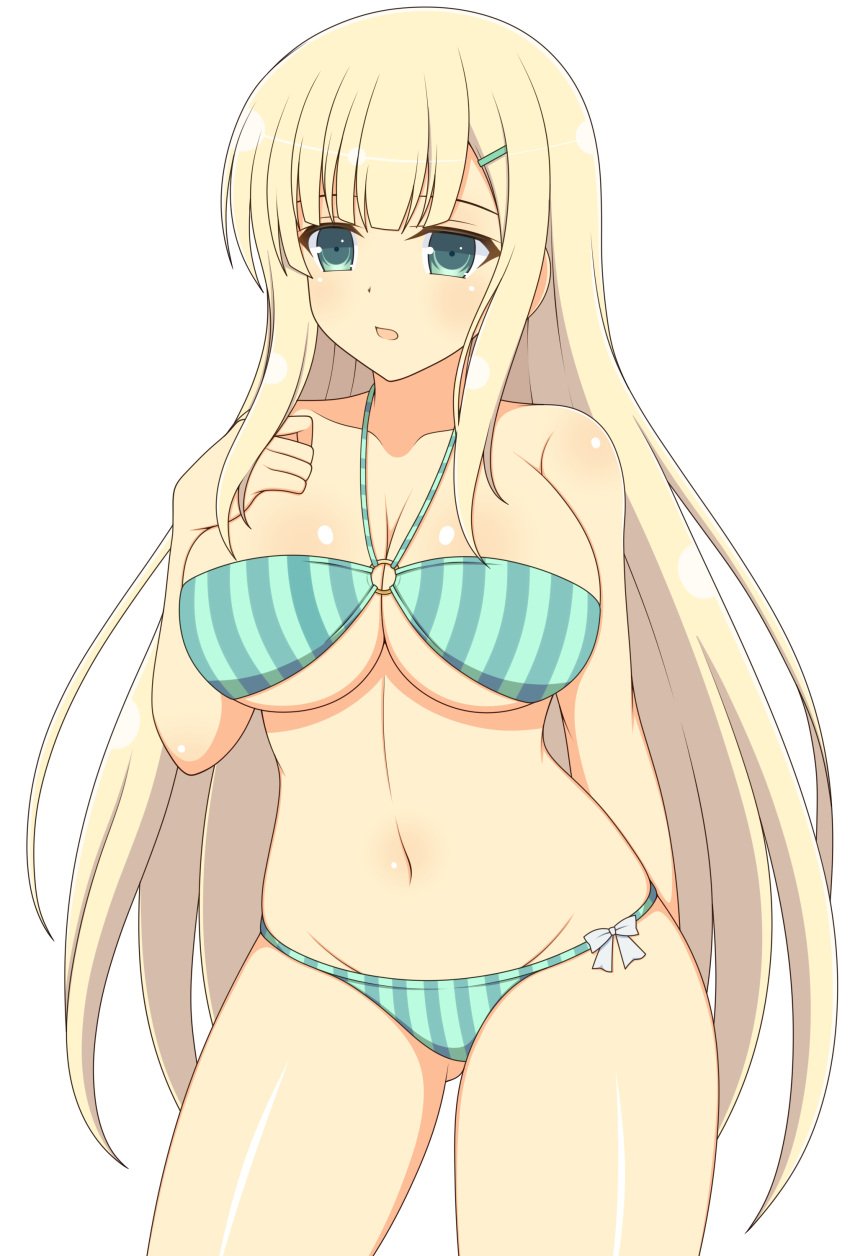 1girls ass_visible_through_thighs asymmetrical_bangs bangs bikini blonde_hair cleavage female front_view green_eyes groin hairclip huge_breasts ichiryuu_tsumiki light-skinned_female light_skin looking_at_viewer midriff navel o-ring_bikini open_mouth ribbon senran_kagura sidelocks simple_background solo standing straight_hair stripes very_long_hair white_background yomi_(senran_kagura)