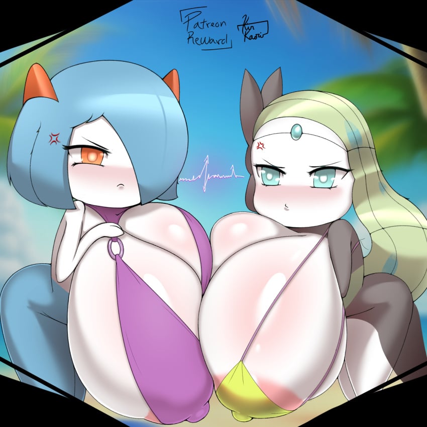 1:1 anthro_only areola areola_slip beach big_areola big_breasts big_nipples bikini blue_body blue_hair blush breasts cleavage clothed clothing digital_media_(artwork) female generation_3_pokemon generation_5_pokemon green_hair hair head_spikes hi_res huge_breasts humanoid hyper hyper_breasts kir_kaori kirlia legendary_pokemon meloetta multicolored_body nintendo nipple_outline nipples pink_areola pokemon pokemon_(species) portrait seaside short_stack solo spikes spikes_(anatomy) swimwear two_tone_body white_body white_breasts