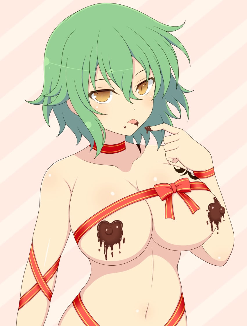 1girls bangs chocolate chocolate_on_breasts cleavage collar collarbone crossed_bangs expressionless female green_hair hair_between_eyes hikage_(senran_kagura) huge_breasts ichiryuu_tsumiki licking light-skinned_female light_skin looking_at_viewer medium_hair messy_hair nipple_bulge ribbon senran_kagura simple_background slit_pupils solo striped_background stripes tattoo tongue tongue_out yellow_eyes