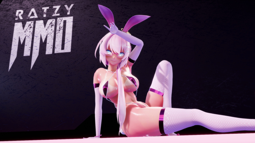 3d armwear big_breasts bikini_tan blue_eyes bunny_ears glasses micro_bikini mmd original_character pink_hair ratzy thighhighs