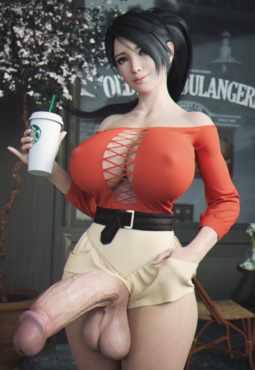 1futa 3d balls bare_shoulders beverage big_ass big_breasts black_hair breasts casual casual_boner casual_erection casual_exposure casual_nudity cleavage clothing dead_or_alive erection futa_only futanari highres huge_cock human ineffective_clothing ineffective_skirt intersex large_breasts large_penis momiji_(ninja_gaiden) ninja_gaiden pale_skin penis ponytail public semi-erect solo standing starbucks stevencarson testicles