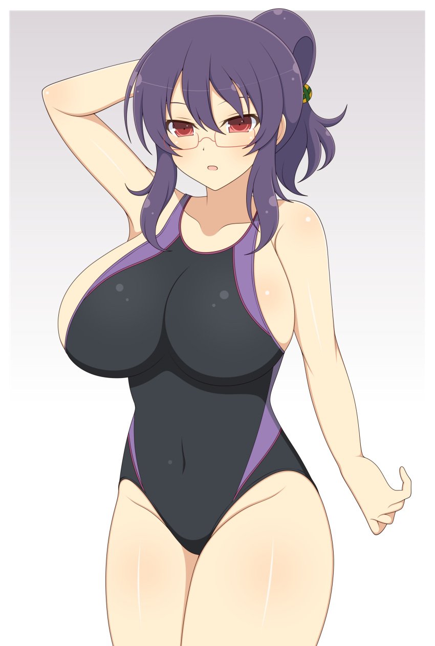 1girls accurate_art_style bangs collarbone female glasses groin hair_between_eyes huge_breasts ichiryuu_tsumiki impossible_clothes light-skinned_female light_skin looking_at_viewer medium_hair navel one-piece_swimsuit one_arm_up open_mouth ponytail purple_hair red_eyes rin_(senran_kagura) senran_kagura sideboob sidelocks simple_background solo standing suzune_(senran_kagura)