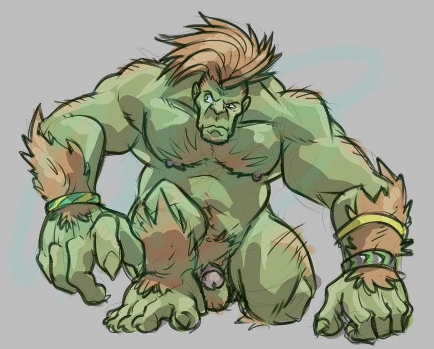 balls bara blanka bracelet capcom green_skin hairy male male_only muscles muscular nude orange_hair penis solo solo_male spread_legs street_fighter zeiroslion