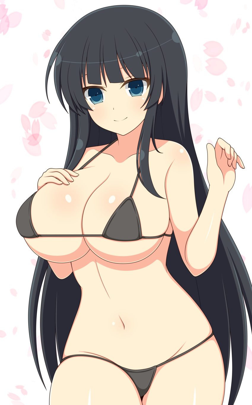 1girls black_hair blue_eyes female flower_petals front_view groin huge_breasts ichiryuu_tsumiki ikaruga_(senran_kagura) light-skinned_female light_skin looking_at_viewer micro_bikini midriff navel one_arm_up senran_kagura sidelocks simple_background smile solo standing straight_hair very_long_hair