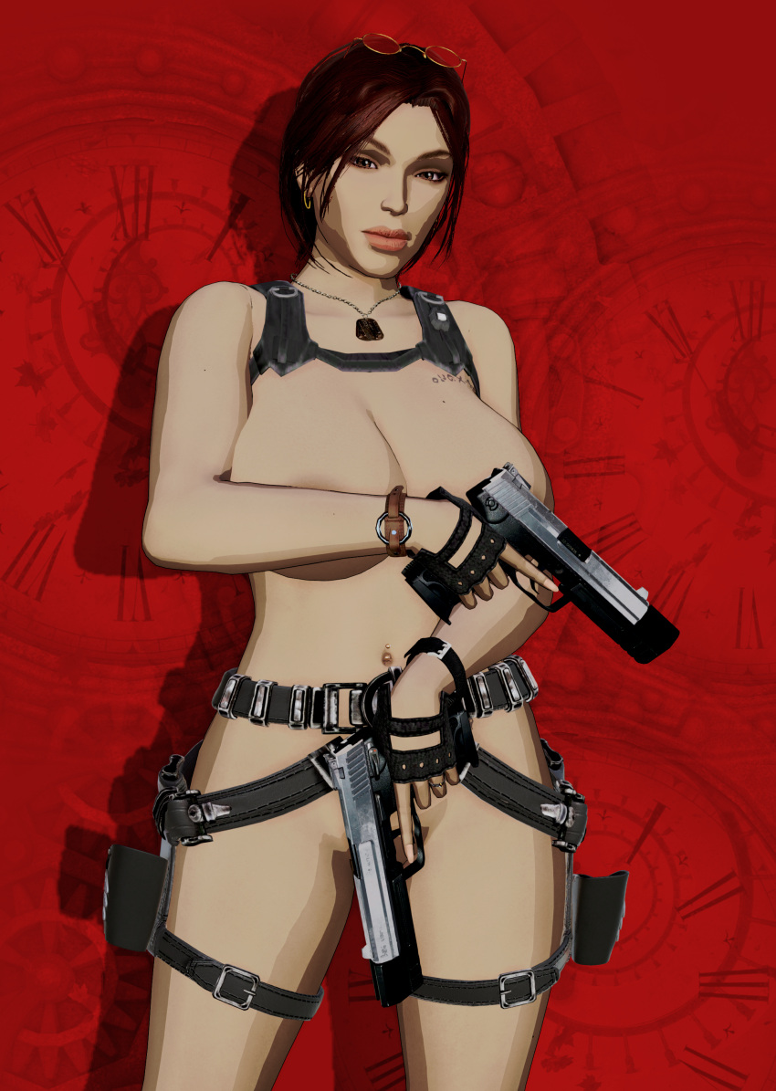 3d backpack belt big_breasts bracelet breasts busty casual cell_shading desert_eagle dual_wielding earrings eleven_(artist) female female_focus female_only fingerless_gloves firearm gun handgun handwear honey_select hourglass_figure human lara_croft lara_croft_(classic) large_breasts legwear navel navel_piercing necklace nude nude_female nudity pale_skin piercing pistol sunglasses sunglasses_on_head tactical_nudity tattoo thigh_holster tomb_raider weapon wide_hips