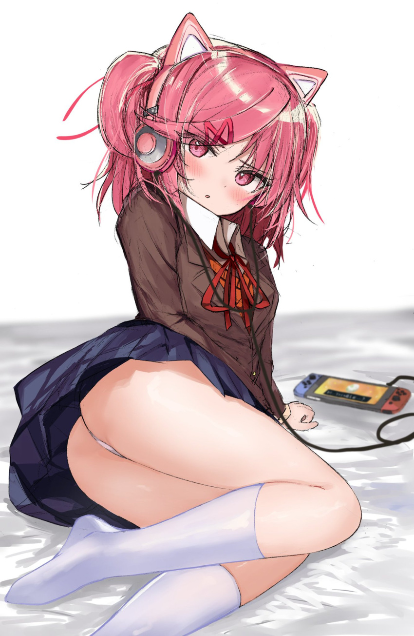 1girls ass blue_skirt blush cat_headphones console doki_doki_literature_club egg female female_only gaming_console headphones natsuki_(doki_doki_literature_club) nintendo_switch panties pantyshot pink_eyes pink_hair pokemon skirt socks solo switch_console white_panties yon4444444