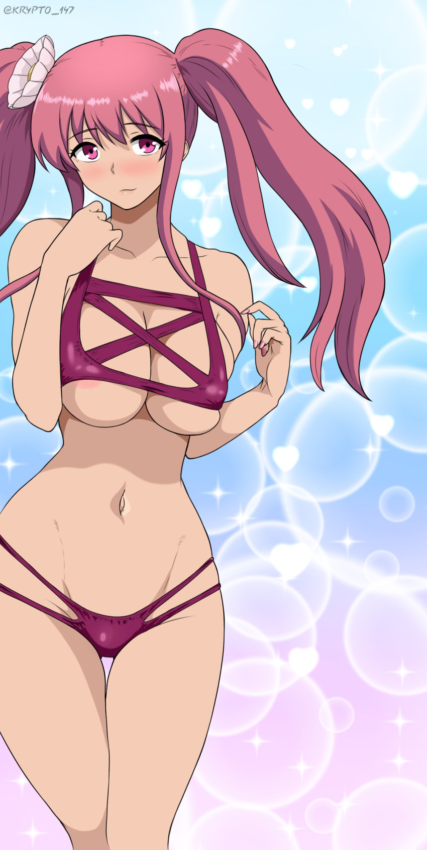 bikini blue_background blush krypto-san kyochuu_rettou miura_mami partially_visible_nipples pink_eyes pink_hair smile the_island_of_giant_insects twintails