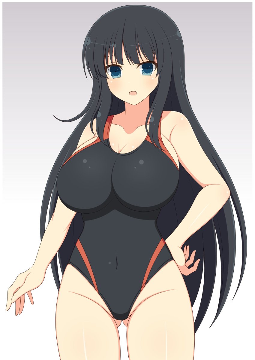 1girls ass_visible_through_thighs bangs black_hair blue_eyes blunt_ends cleavage female front_view gradient_background groin highleg huge_breasts ichiryuu_tsumiki ikaruga_(senran_kagura) impossible_clothes light-skinned_female light_skin looking_at_viewer navel one-piece_swimsuit open_mouth senran_kagura simple_background solo straight_hair very_long_hair